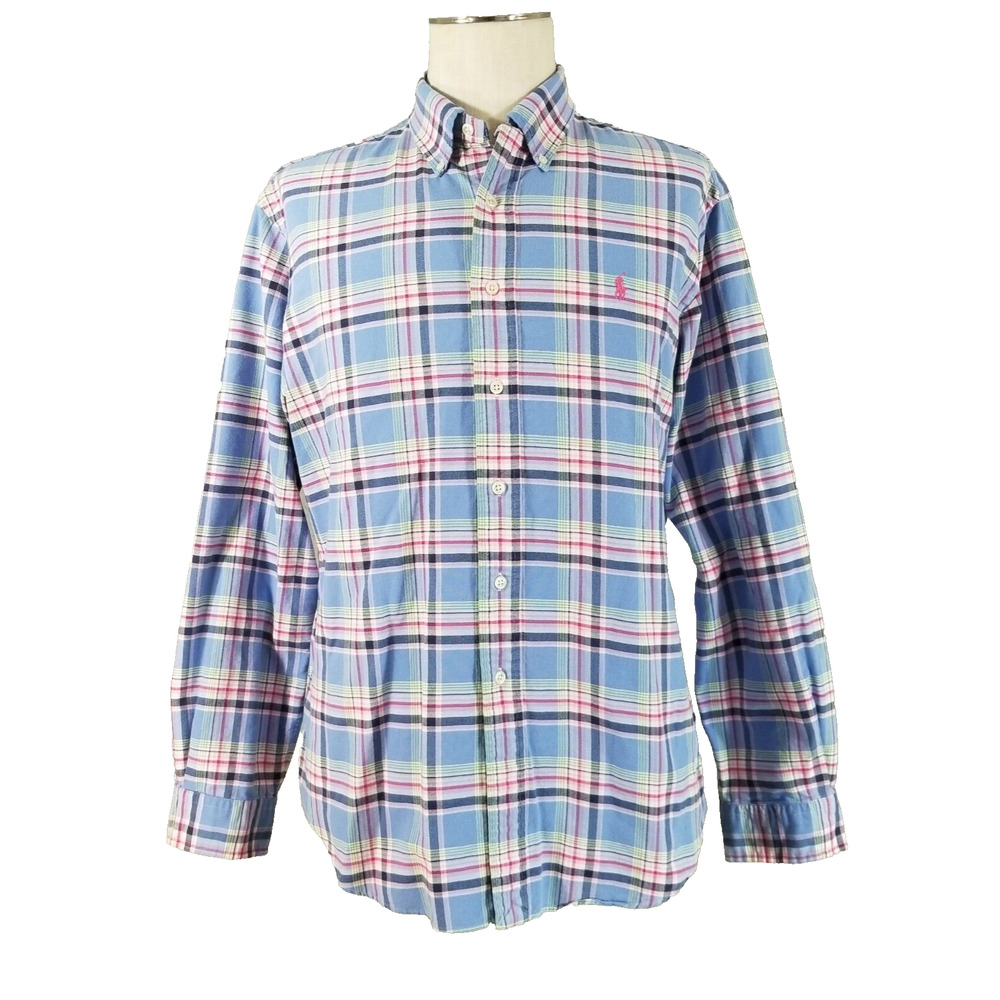 Ralph Lauren shirt men's large blue plaid cotton classic fit long sleeve dress